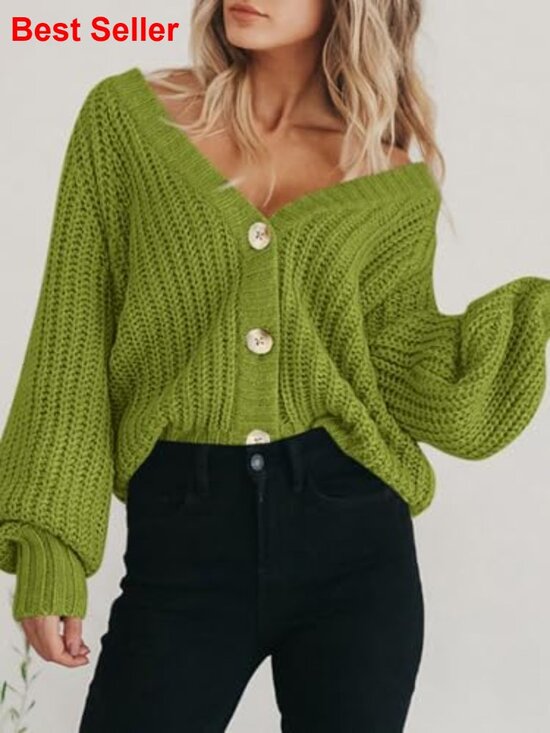 Chunky Knit Open Front Cardigan Sweater Long Sleeve Button Loose Outerwear - Picture 6 of 7